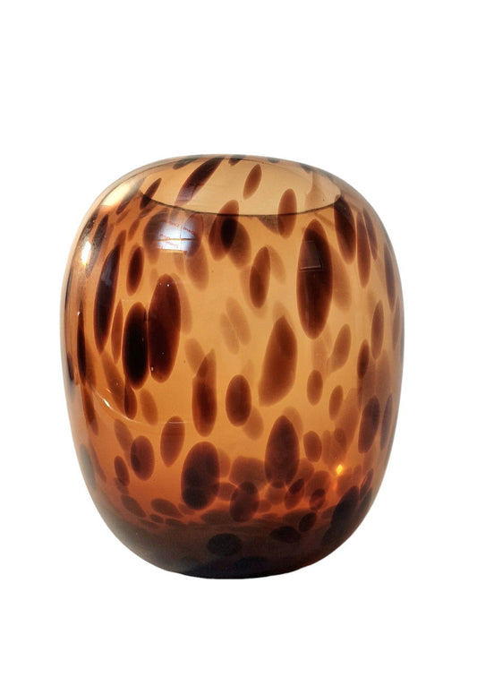 Geko Products leopard print glass vase with rounded shape and brown spotted design