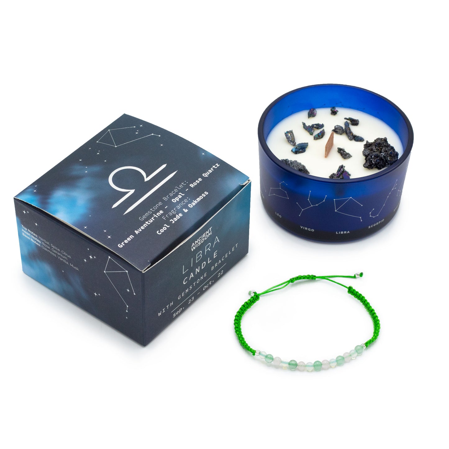 Libra Candle and Bracelet set featuring Zodiac Crystal and Gemstone Bracelet