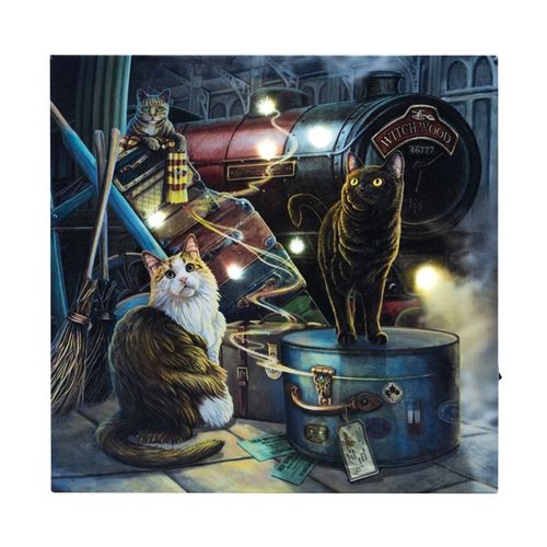 Witchwood Express Light Up Canvas featuring whimsical cats and a vintage train in wall art design