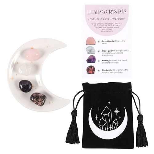 Love Healing Crystal Set featuring rose quartz, clear quartz, amethyst, and rhodonite on a moon dish