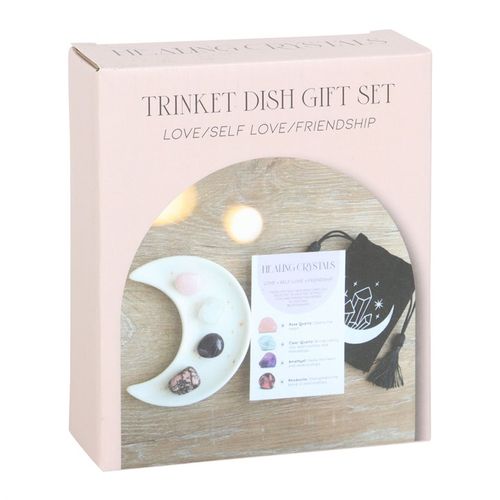 Love Healing Crystal Set in a gift box with a moon-shaped dish and information card for self-love and friendship