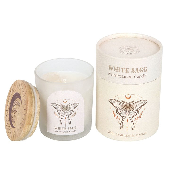 Luna Moth manifestation candle in a frosted glass container with wooden lid perfect for meditation and spiritual practices