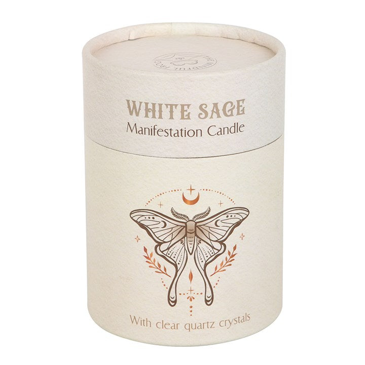 Luna Moth manifestation candle in a cream-colored container with elegant design for spiritual meditation
