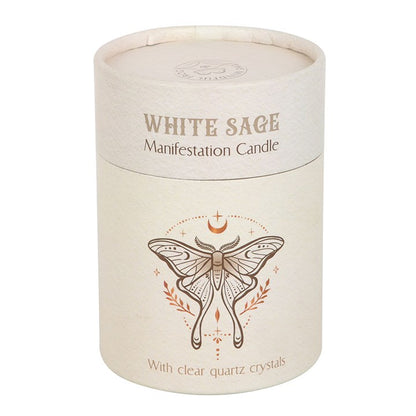 Luna Moth manifestation candle in a cream-colored container with elegant design for spiritual meditation