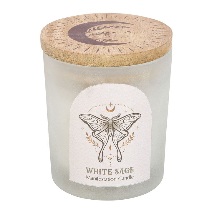 Luna Moth manifestation candle in frosted glass jar with wooden lid, perfect for meditation and spiritual alignment