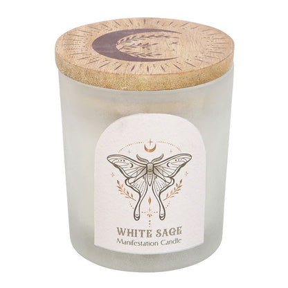 Luna Moth manifestation candle in frosted glass jar with wooden lid, perfect for meditation and spiritual alignment