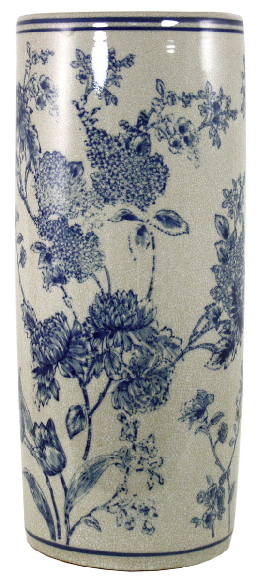 Tall ceramic magnolia design umbrella holder with blue floral pattern by Geko Products
