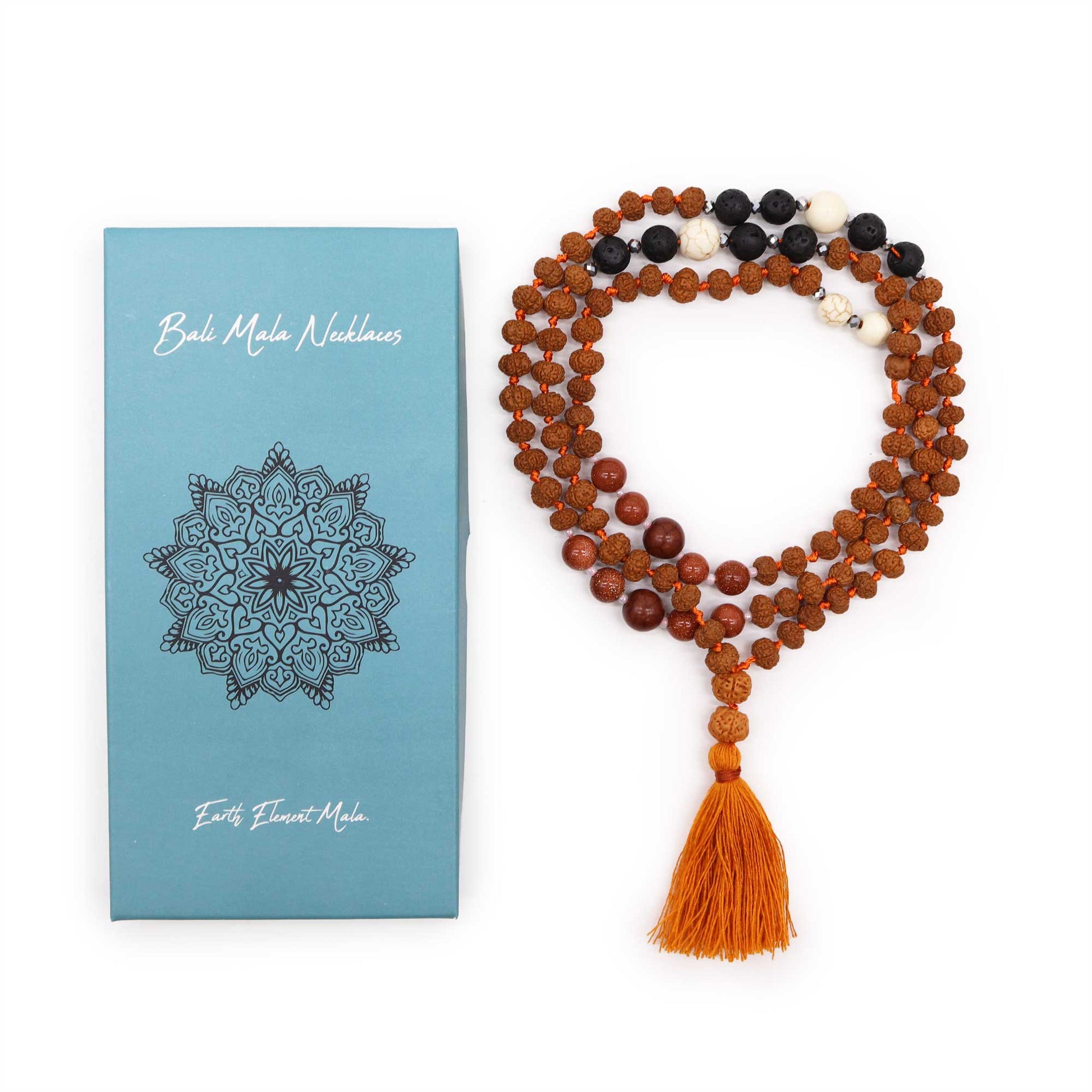 Chakra Mala Necklace Earth Element with natural beads and orange tassel in gift box