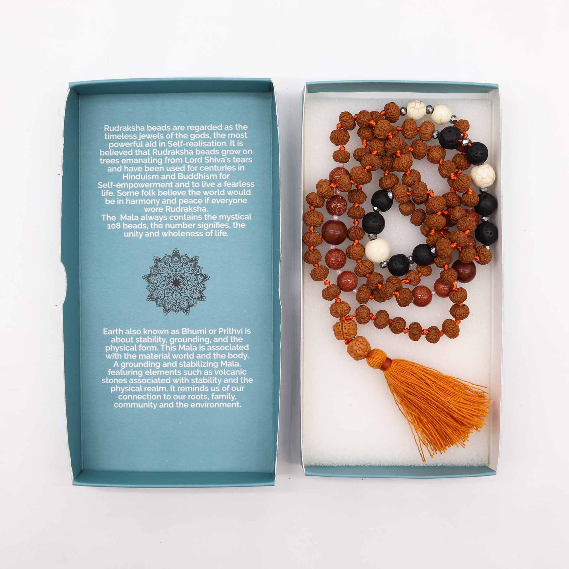 Chakra Mala Necklace Earth Element with Rudraksha beads and orange tassel for spiritual healing and meditation