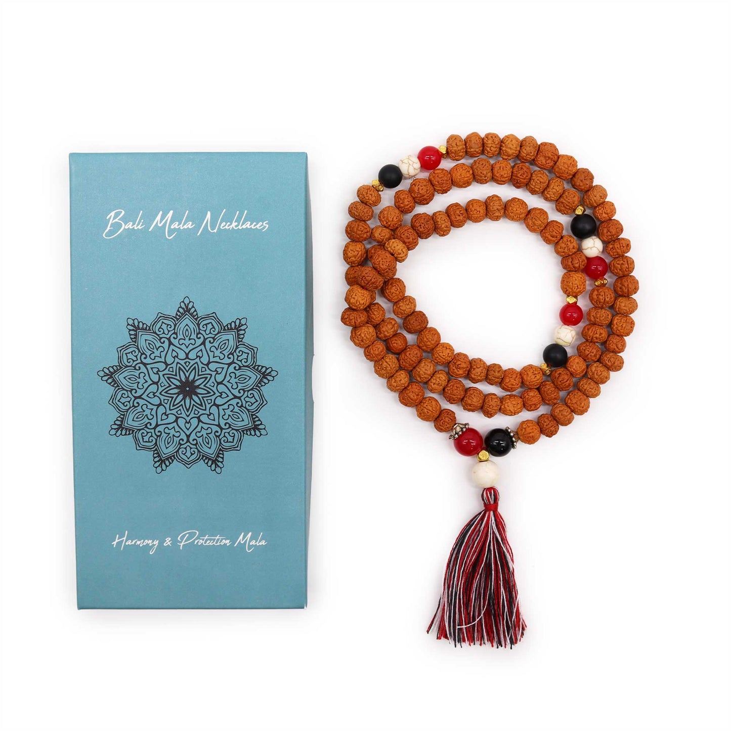 Chakra Mala Necklace - Harmony and Protection with wooden beads and a tassel, presented in a box