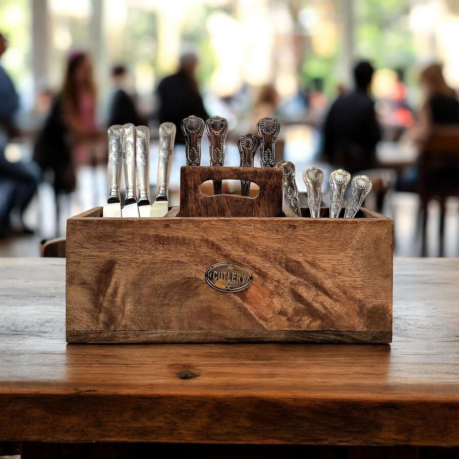 Geko Products mango wood cutlery stand with vintage silverware handles on wooden table