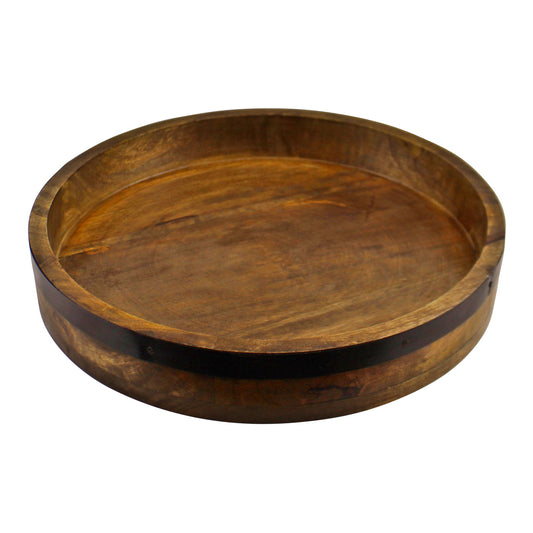 Round mango wood serving tray with dark metal band by Geko Products for rustic serving