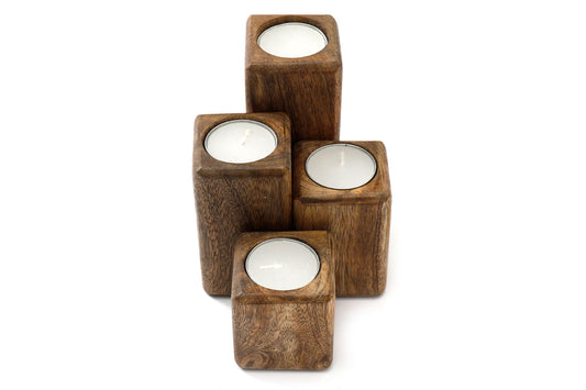Geko Products mango wood tealight holders set with four varying heights of square wooden holders