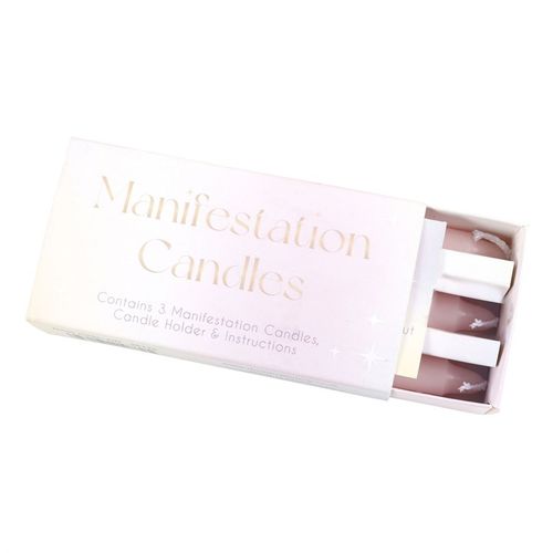 Manifestation spell candles set with three candles, holder, and instructions for spiritual rituals
