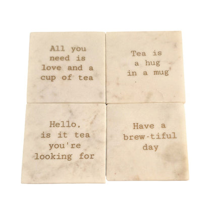 Set of four marble coasters tea coffee with inspirational tea quotes engraved on each coaster