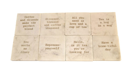 Set of eight Geko Products marble coasters tea coffee with funny coffee and tea quotes