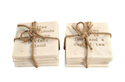 Set of Geko Products marble coasters tea coffee with rustic rope and printed text for tea and coffee lovers