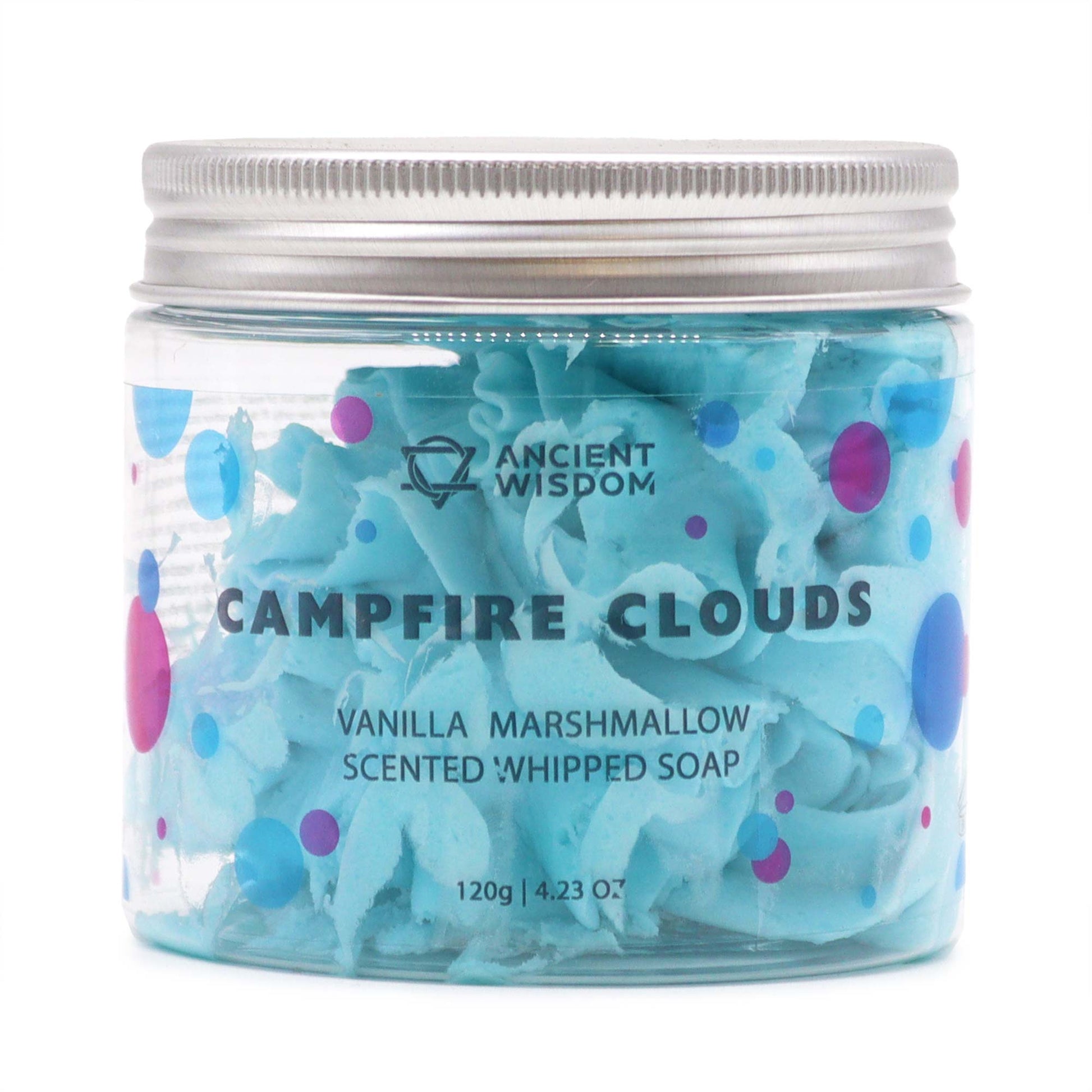 A Campfire Clouds Vanilla Marshmallow Whipped Soap in a clear jar with blue and pink accents