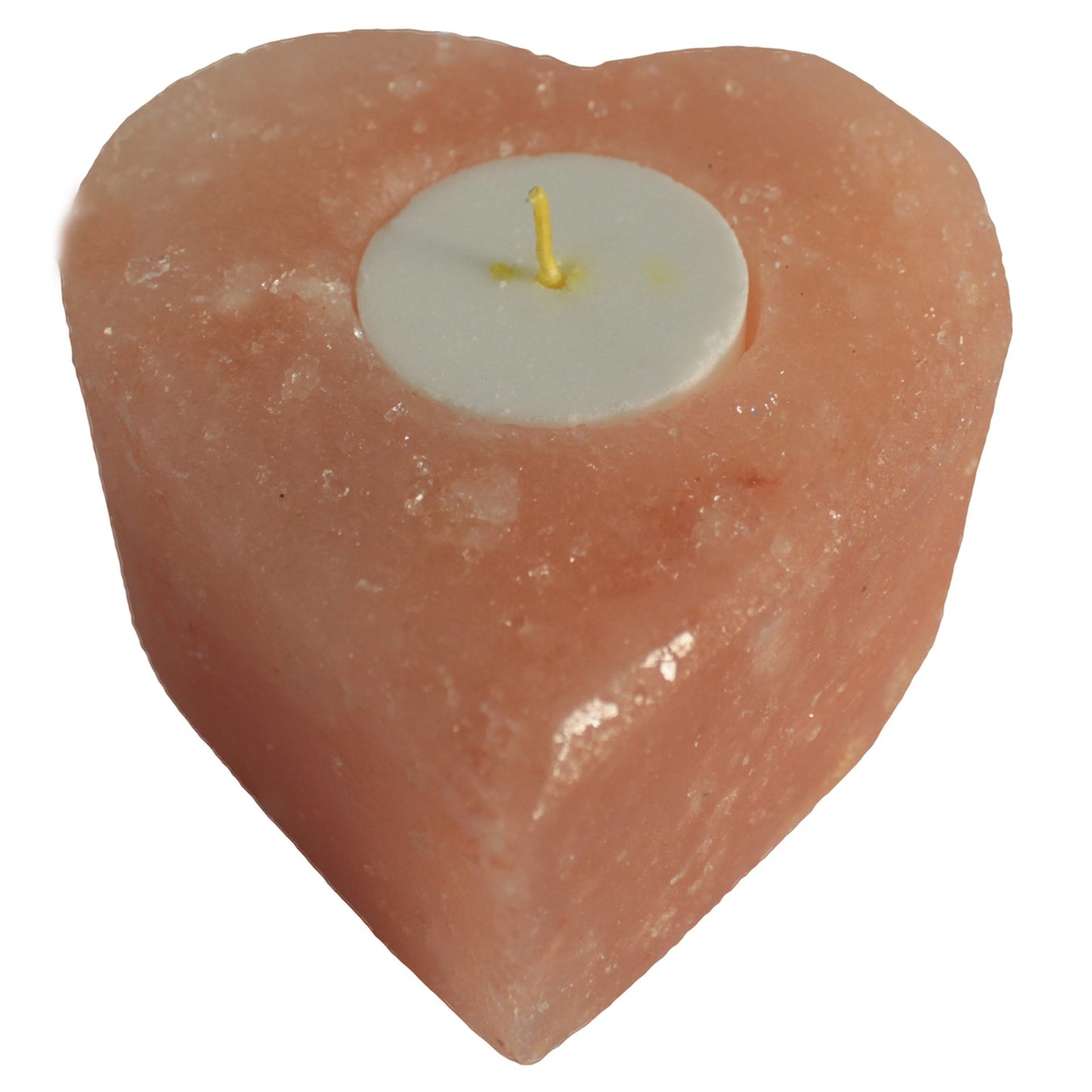 Medium heart shaped Himalayan salt candle holder with a white tealight for relaxing and soothing ambiance