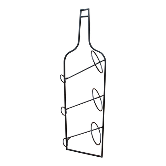 Geko Products black metal wall mounted wine rack shaped like a wine bottle holding three bottles