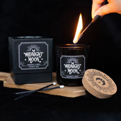 Midnight Moon Bergamot Neroli Candle in Black Glass Jar with Box and Matches for Ambient Lighting