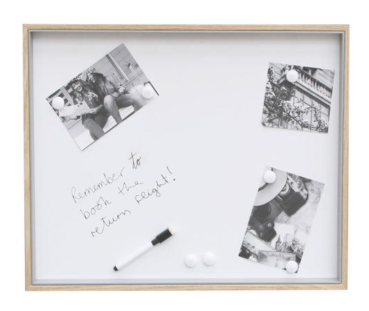 Geko Products magnetic memo board 16x20 with wooden frame, white surface, photos, and dry erase marker
