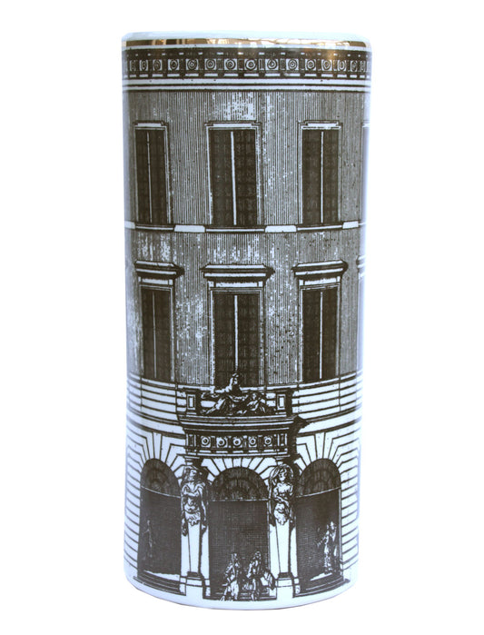 Monochrome ceramic umbrella stand by Geko Products featuring detailed architectural building design