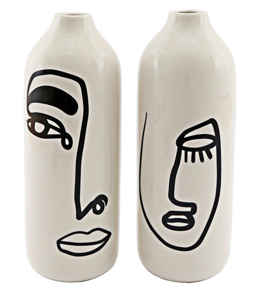 Geko Products monochrome face ceramic vases with abstract black line art on white glossy surface