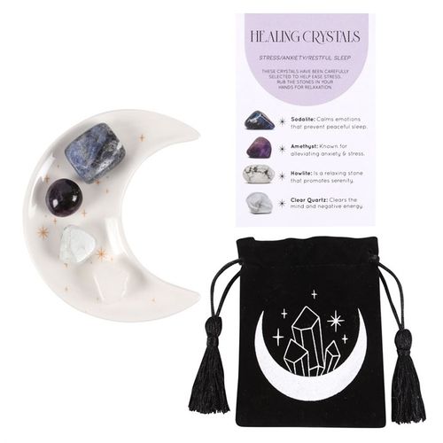 Stress Healing Crystal Set with moon trinket dish crystals and guide for relaxation and emotional balance