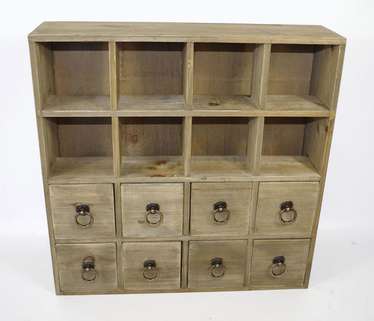 Geko Products wooden multidrawer storage cabinet with eight small drawers and eight open shelves