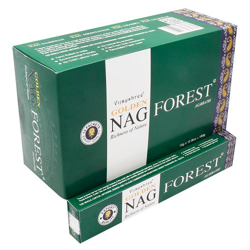 15g Golden Nag Forest incense sticks packed in a green box for a soothing aroma experience