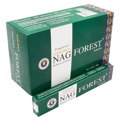 15g Golden Nag Forest incense sticks packed in a green box for a soothing aroma experience