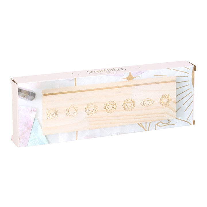 Natural chakra card stand wooden display with engraved chakra symbols by SD Connect