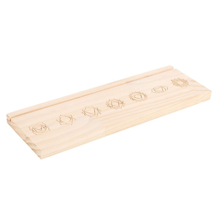 Natural chakra card stand made of light wood with engraved chakra symbols for SD Connect