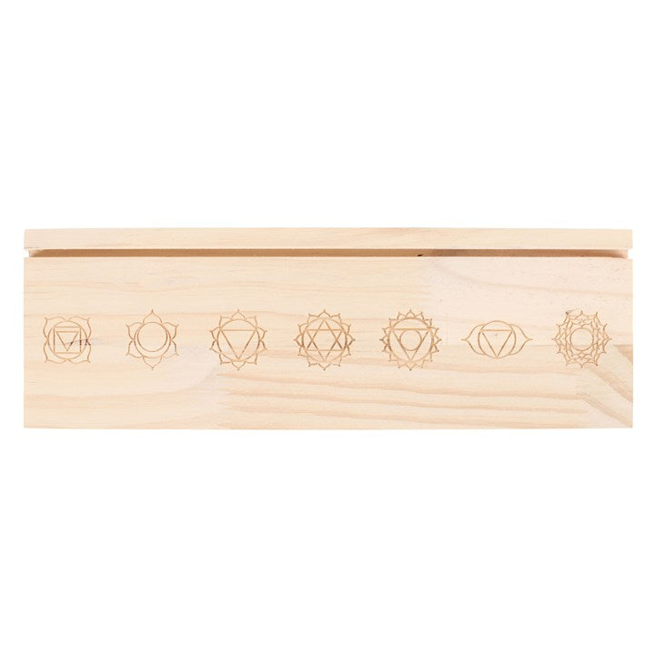 Natural chakra card stand made of light wood with engraved chakra symbols from SD Connect