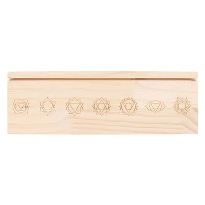 Natural chakra card stand made of light wood with engraved chakra symbols from SD Connect