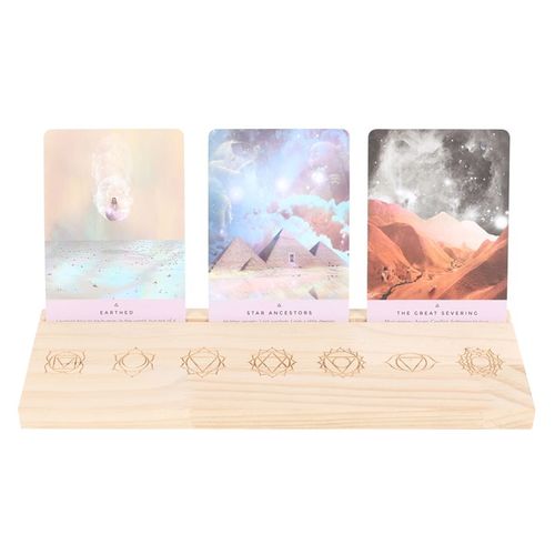 SD Connect natural chakra card stand holding three colorful chakra cards on wooden base