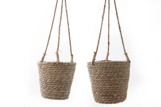 Geko Products rush grass hanging planters with natural woven texture and sturdy hanging ropes