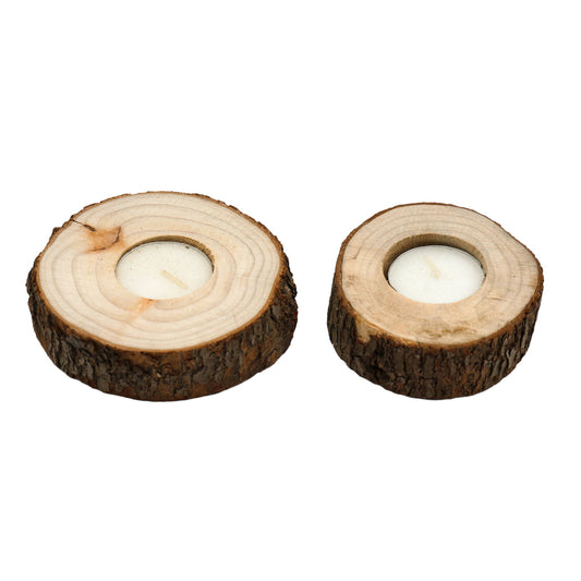 Geko Products wooden tealight holders set made of natural tree slices with bark edges holding white tealight candles