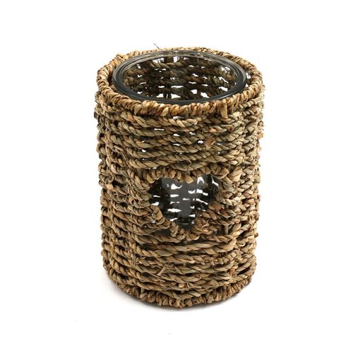 SD Connect natural woven candle holder with heart-shaped cutout and glass insert for candles