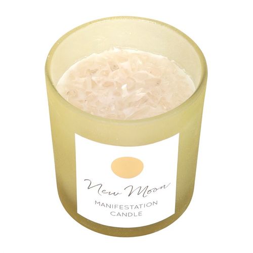 New Moon Orange Candle filled with clear quartz and topped with decorative crystals for manifestation and intention setting