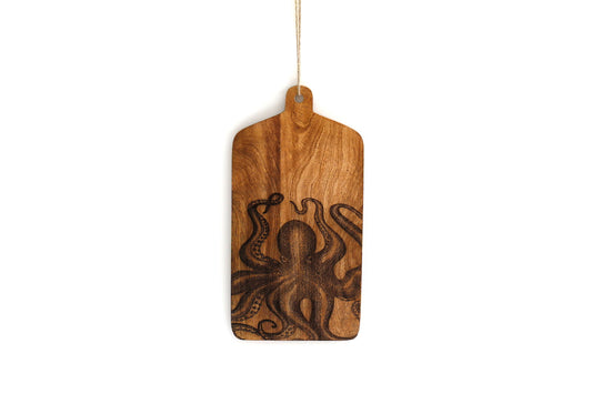 Octopus wooden cheese board by Geko Products with detailed engraved octopus design and hanging rope
