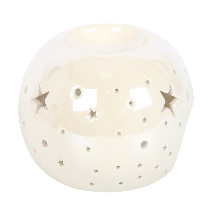 White iridescent ceramic oil burner with stars for melting wax and creating ambient fragrance