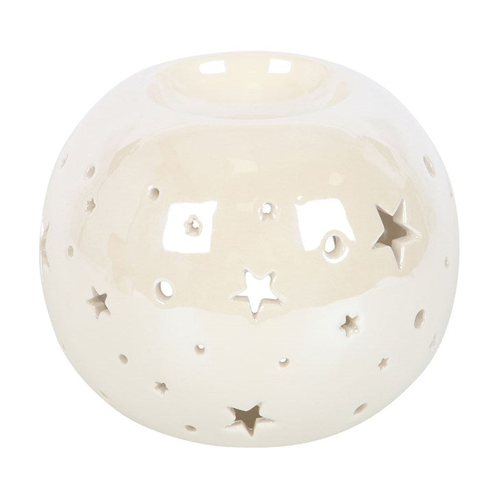 White iridescent ceramic oil burner with stars for melting wax and creating ambiance