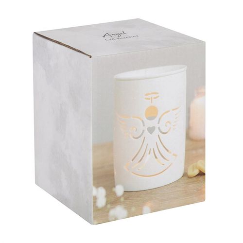Elegant white angel oil burner for Reiki with intricate cutout design and calming ambiance