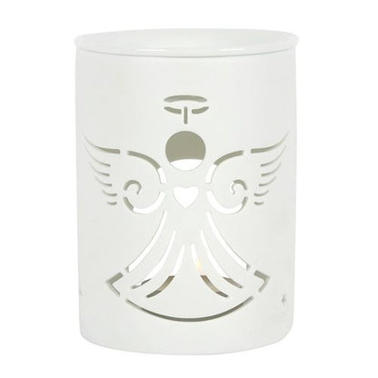 White Ceramic Oil Burner for Reiki with Angel Design for Aromatherapy and Relaxation