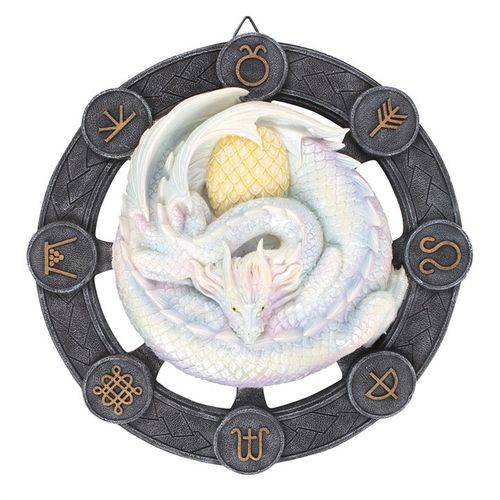 Ostara Dragon resin wall plaque by Anne Stokes featuring a spiral dragon design with mystical symbols