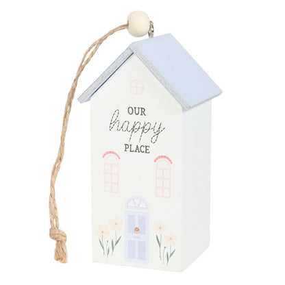 Our Happy Place decor hanging house decoration with pastel colours and floral design for a cosy home vibe