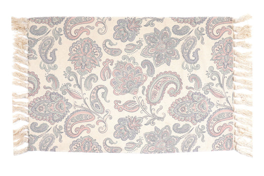 Geko Products paisley rug with fringe in neutral tones featuring intricate floral patterns
