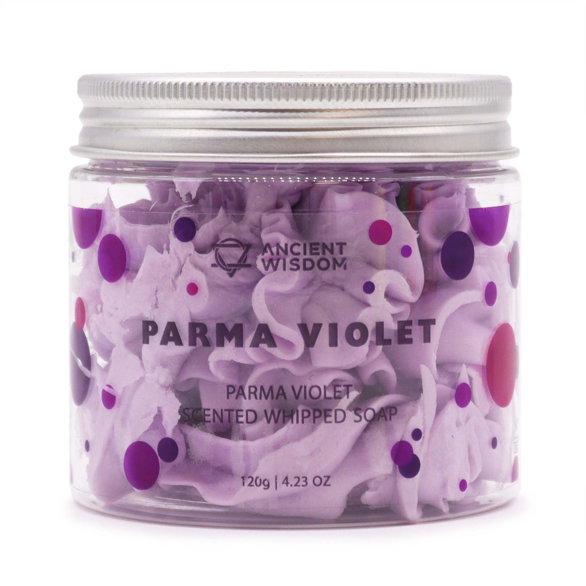 Parma Violet whipped soap in a glass jar with purple swirls and colorful accents for a luxurious experience